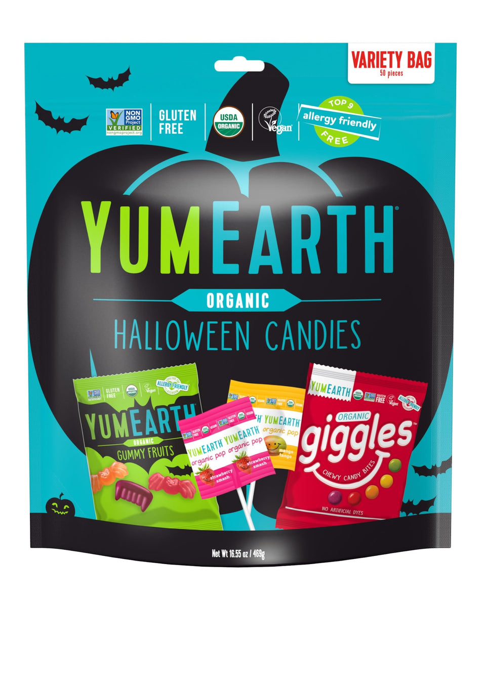 YumEarth Halloween OG Variety Bag 50ct with individually wrapped treats for sharing.