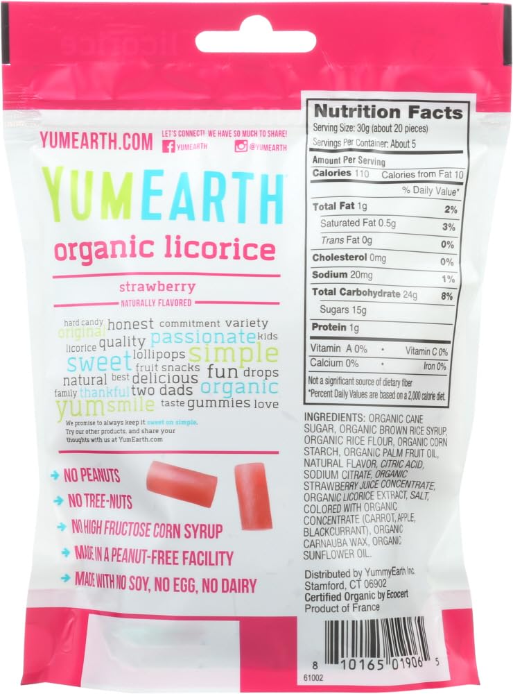YumEarth licorice strawberry closeup captures chewy texture and fruity aroma.