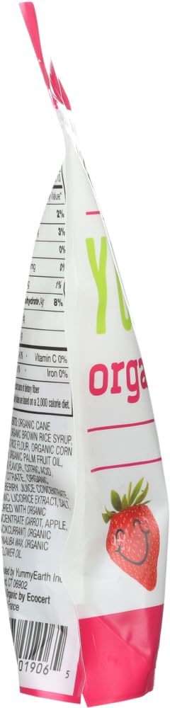 YumEarth licorice strawberry pack back shows nutrition and allergen information.