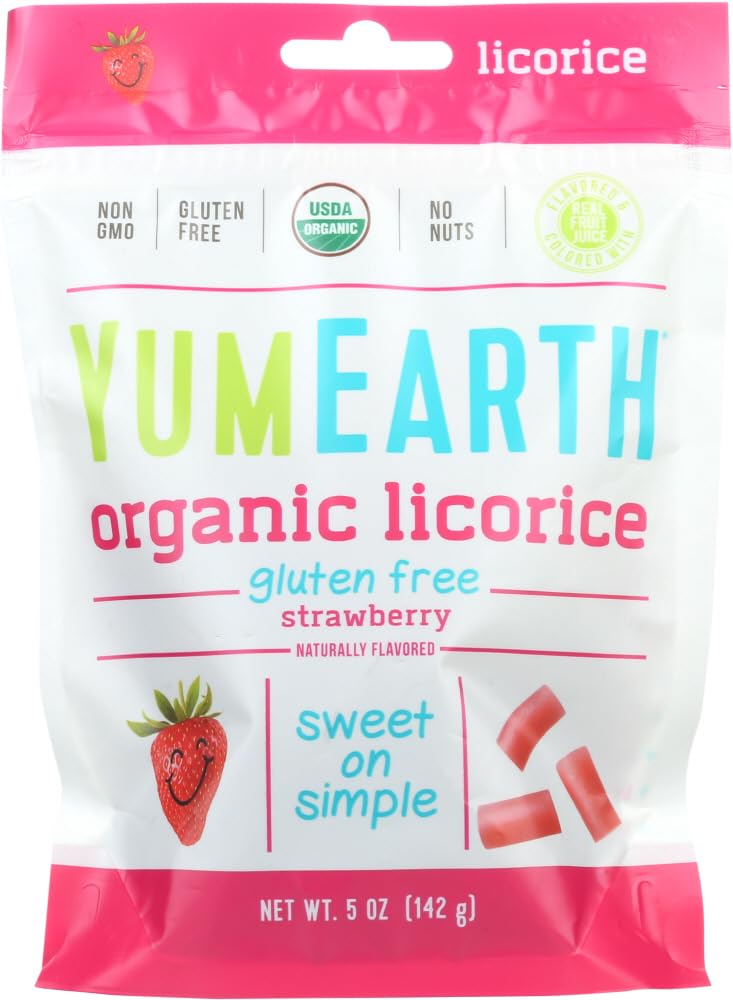 YumEarth licorice strawberry pack front highlights gluten-free vegan snack option.