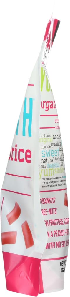 YumEarth licorice strawberry symbols on packaging indicate gluten-free and kosher status.