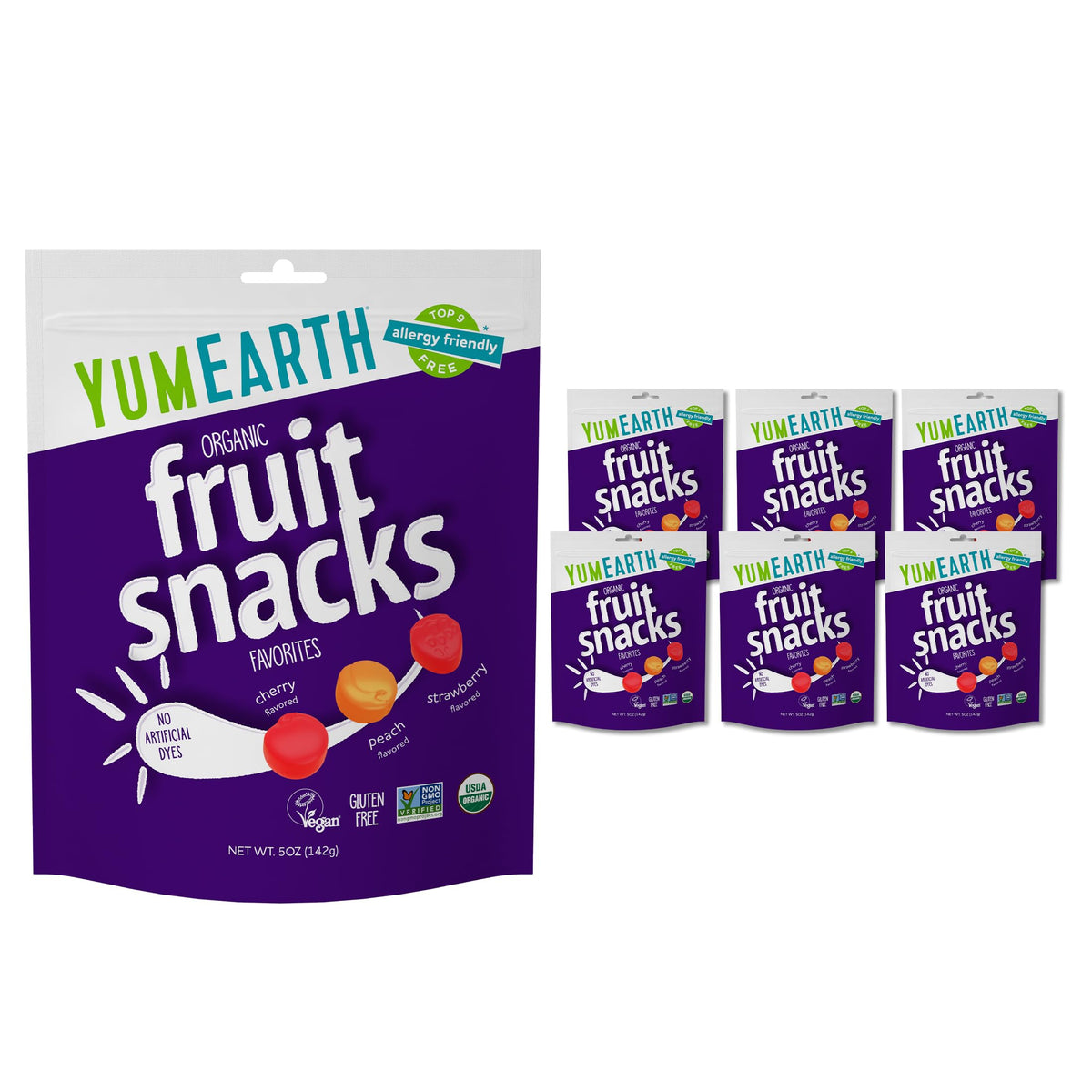 YumEarth Organic Fruit Snacks 6-pack front for on-the-go snacking.
