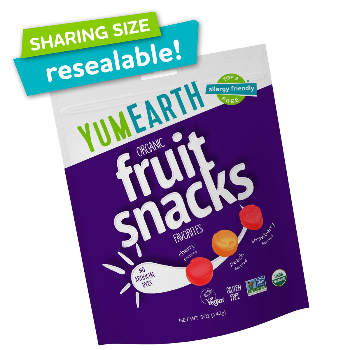 YumEarth fruit snack pouches open to reveal colorful bite-sized pieces.