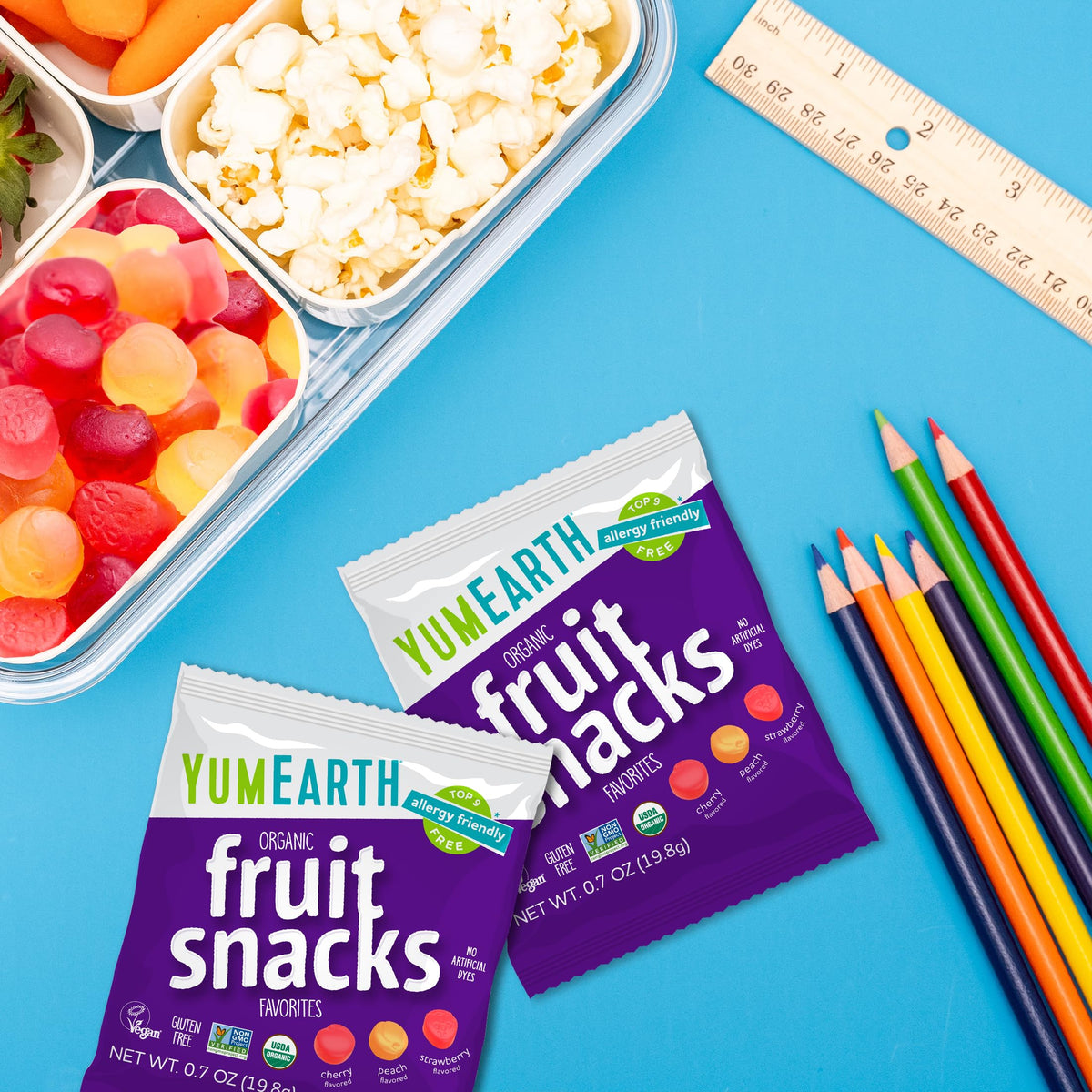 USDA Organic and Non-GMO seals on YumEarth snack packaging