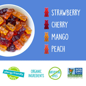 Close-up of YumEarth gummy bears showing real fruit colors