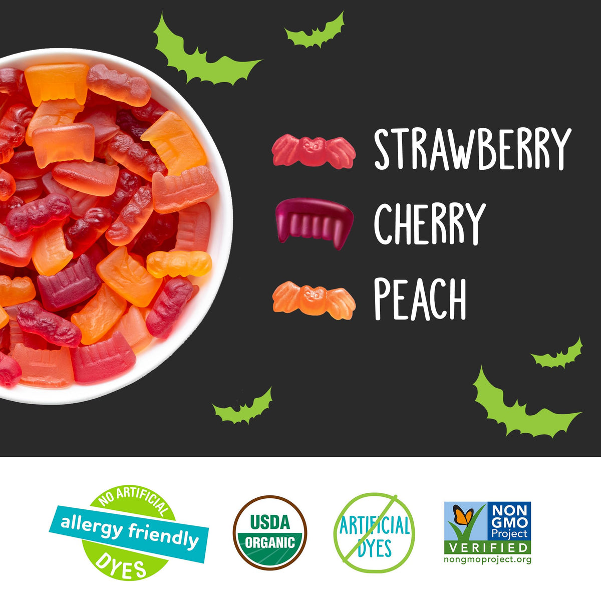 YumEarth organic gummy fruits flavors side view showing strawberry, cherry, peach.