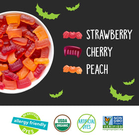 YumEarth organic gummy fruits flavors side view showing strawberry, cherry, peach.