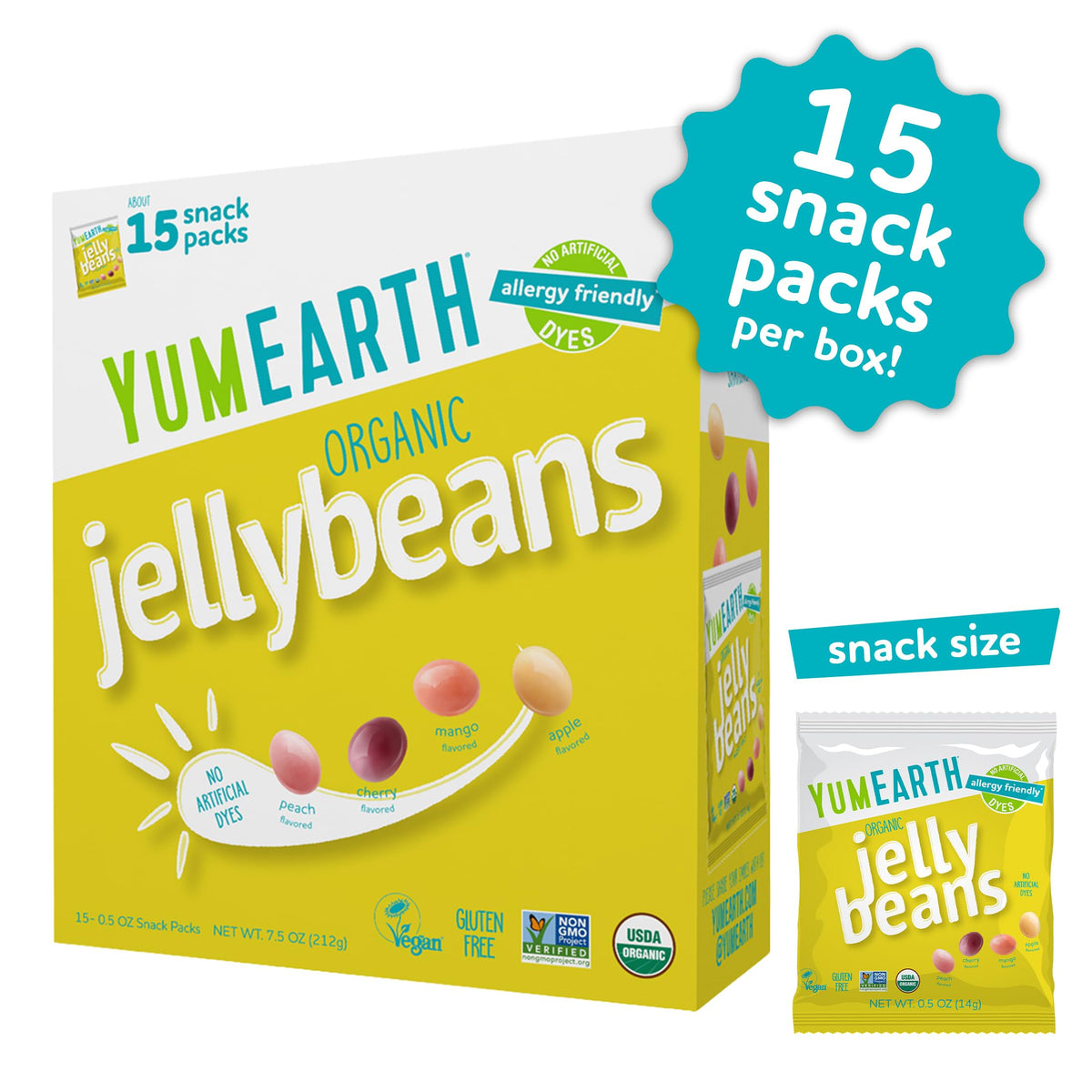 YumEarth Organic Jelly Beans with fruit juice colors for lunchboxes.