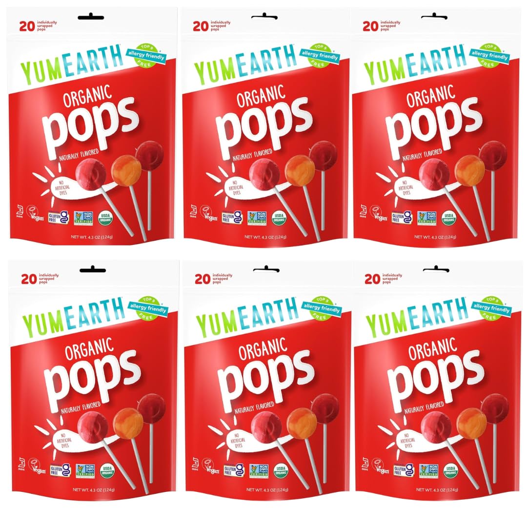 YumEarth Organic Lollipops assorted flavors packaging, ideal for school parties and allergy-friendly treats.