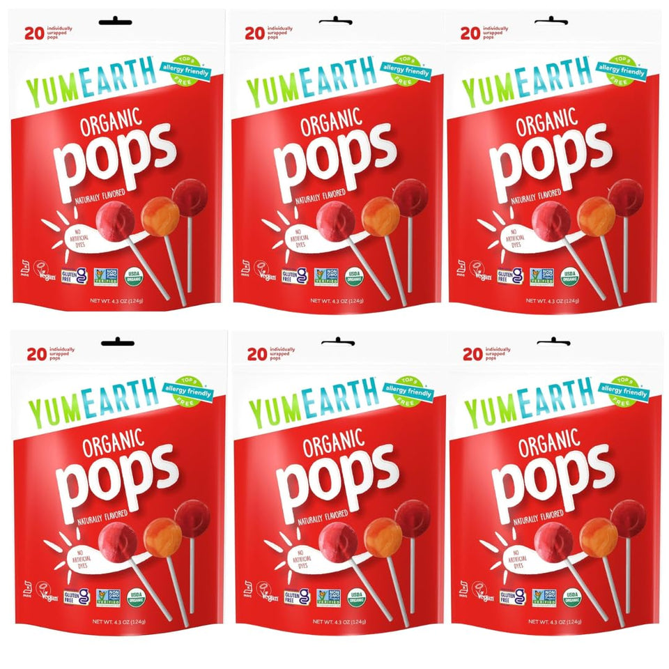 YumEarth Organic Lollipops assorted flavors packaging, ideal for school parties and allergy-friendly treats.