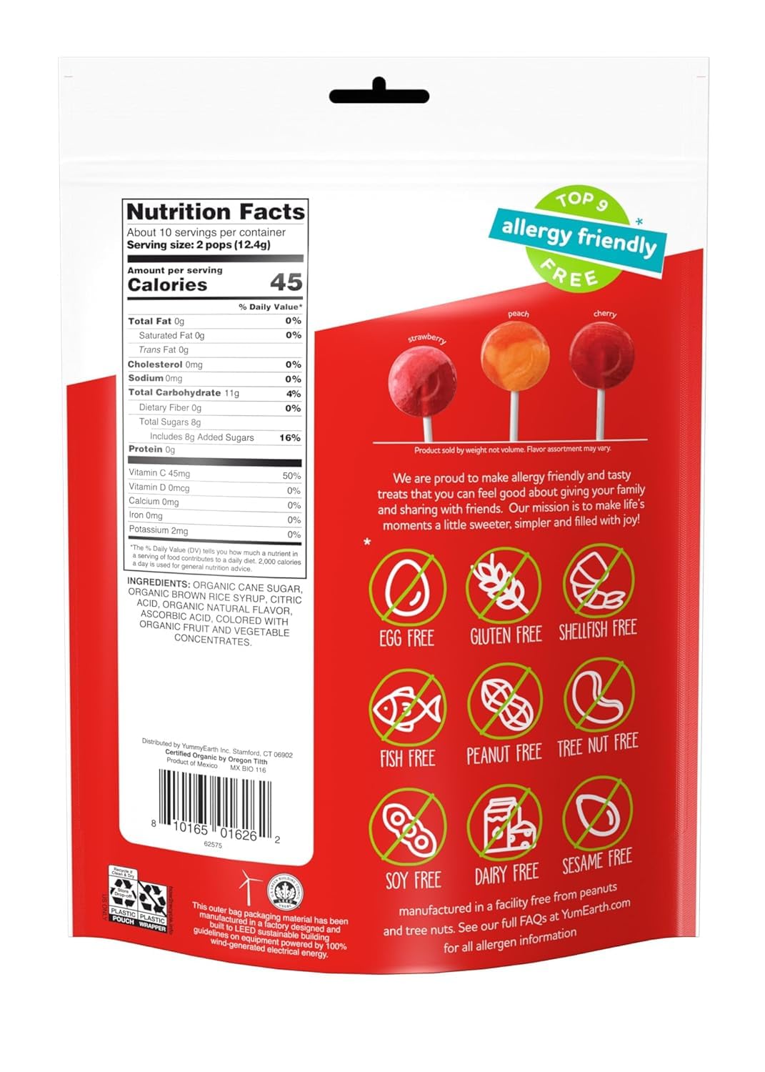 YumEarth Organic Lollipops closeup with vibrant colors and natural flavors, no artificial dyes.