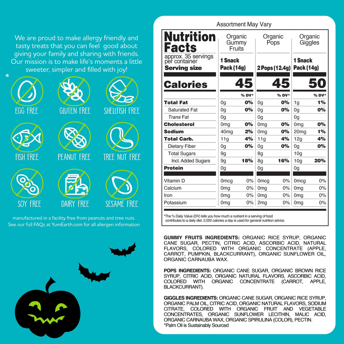 YumEarth organic pops in Halloween pack, fruity flavors ideal for classroom candy.