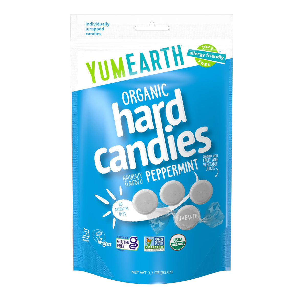 YumEarth Organic Refresh Mints Wild Peppermint pack front for on-the-go breath refresh