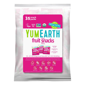 YumEarth Organic Tropical Fruit Snacks 35-pack box with convenient single-serve pouches for travel