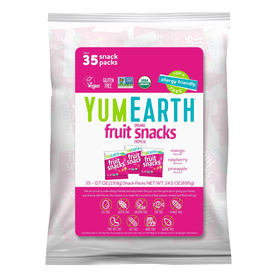 YumEarth Organic Tropical Fruit Snacks 35-pack box with convenient single-serve pouches for travel
