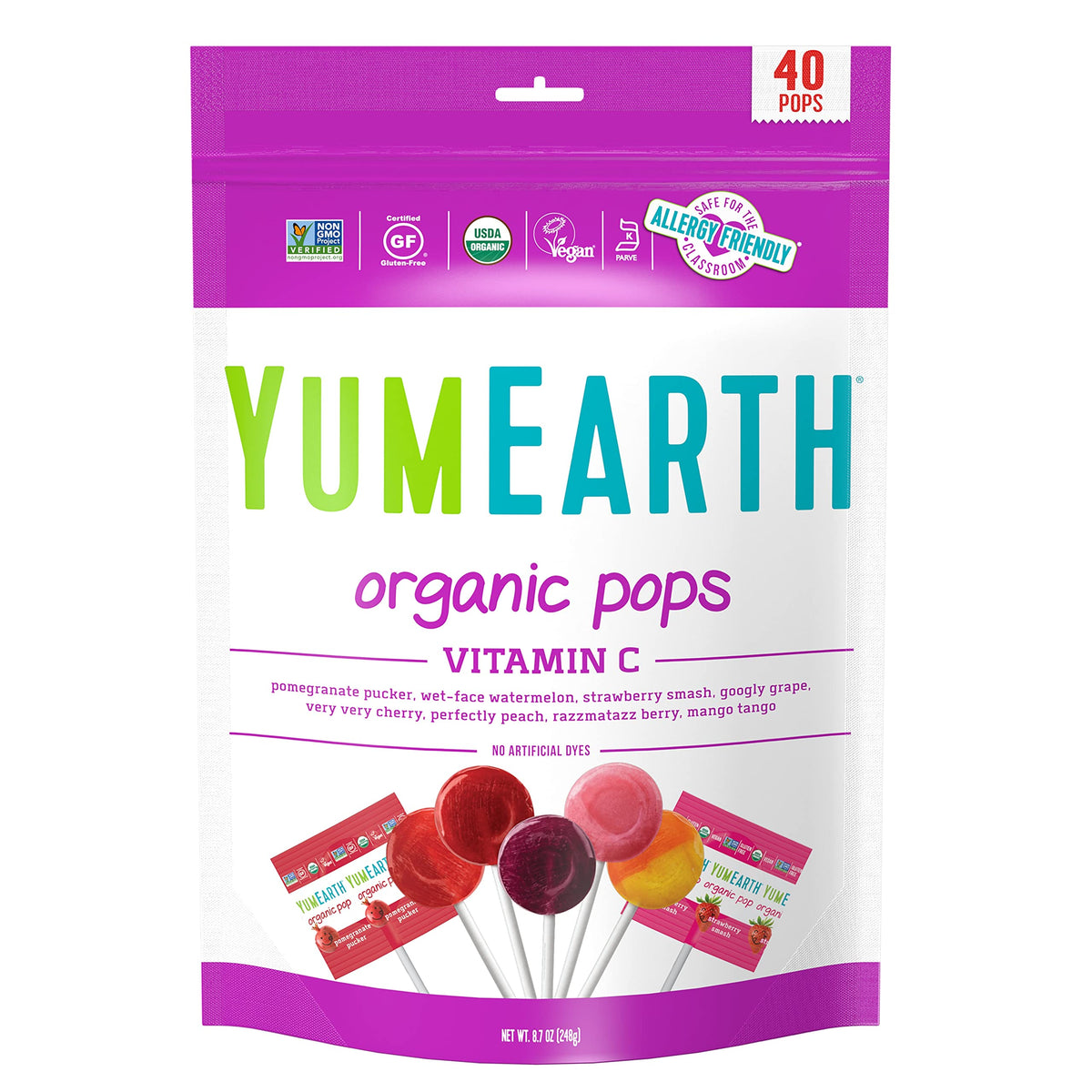 YumEarth organic vitamin C lollipops 40-count pack, vibrant assorted flavors for on-the-go snacking