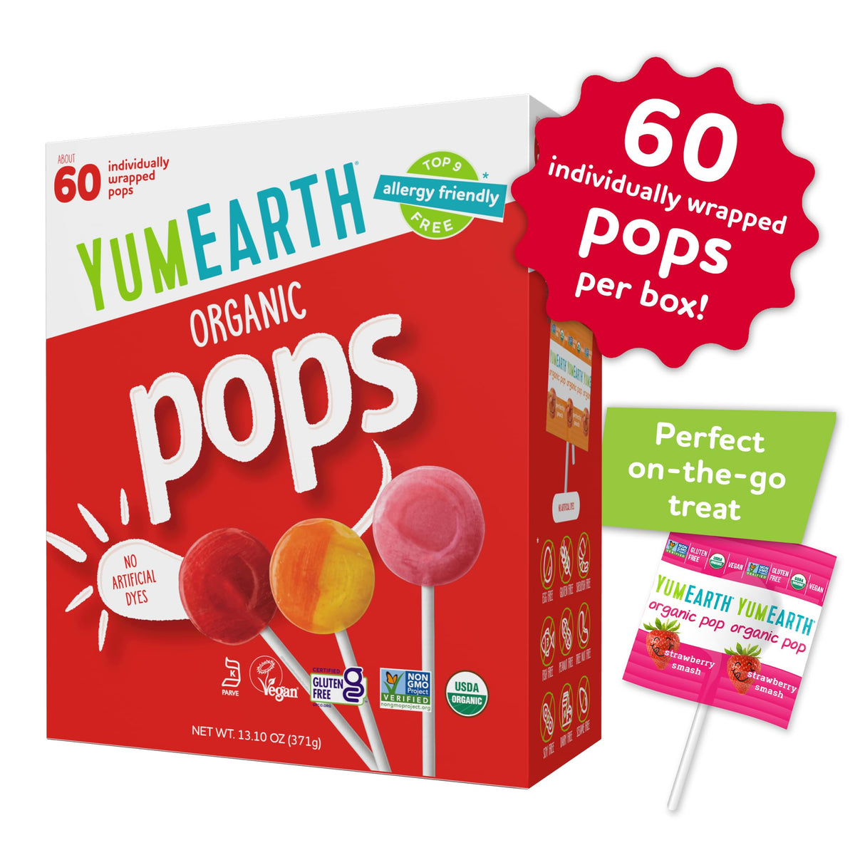 YumEarth Strawberry Lollipop close-up, fruity flavor with no artificial dyes.