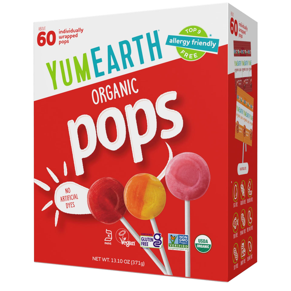YumEarth Pops variety box with 60 lollipops, ideal for allergy-friendly parties.