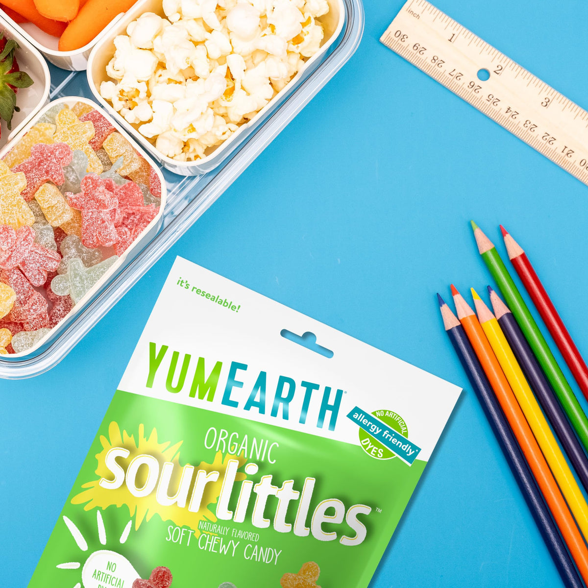 Gluten-free claim badge on YumEarth Sour Littles packaging.