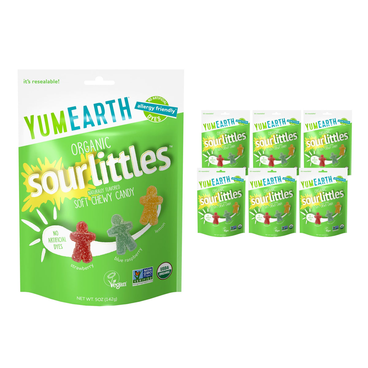 YumEarth Sour Littles pack front showing colorful chewy candies for snacking.