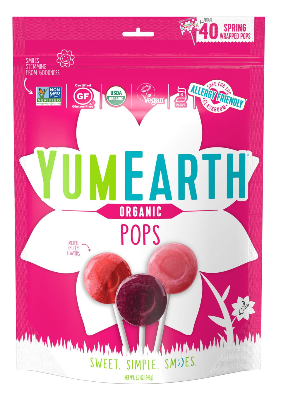 YumEarth Spring Lollipops packaging shows assorted flavors and allergen-friendly design.