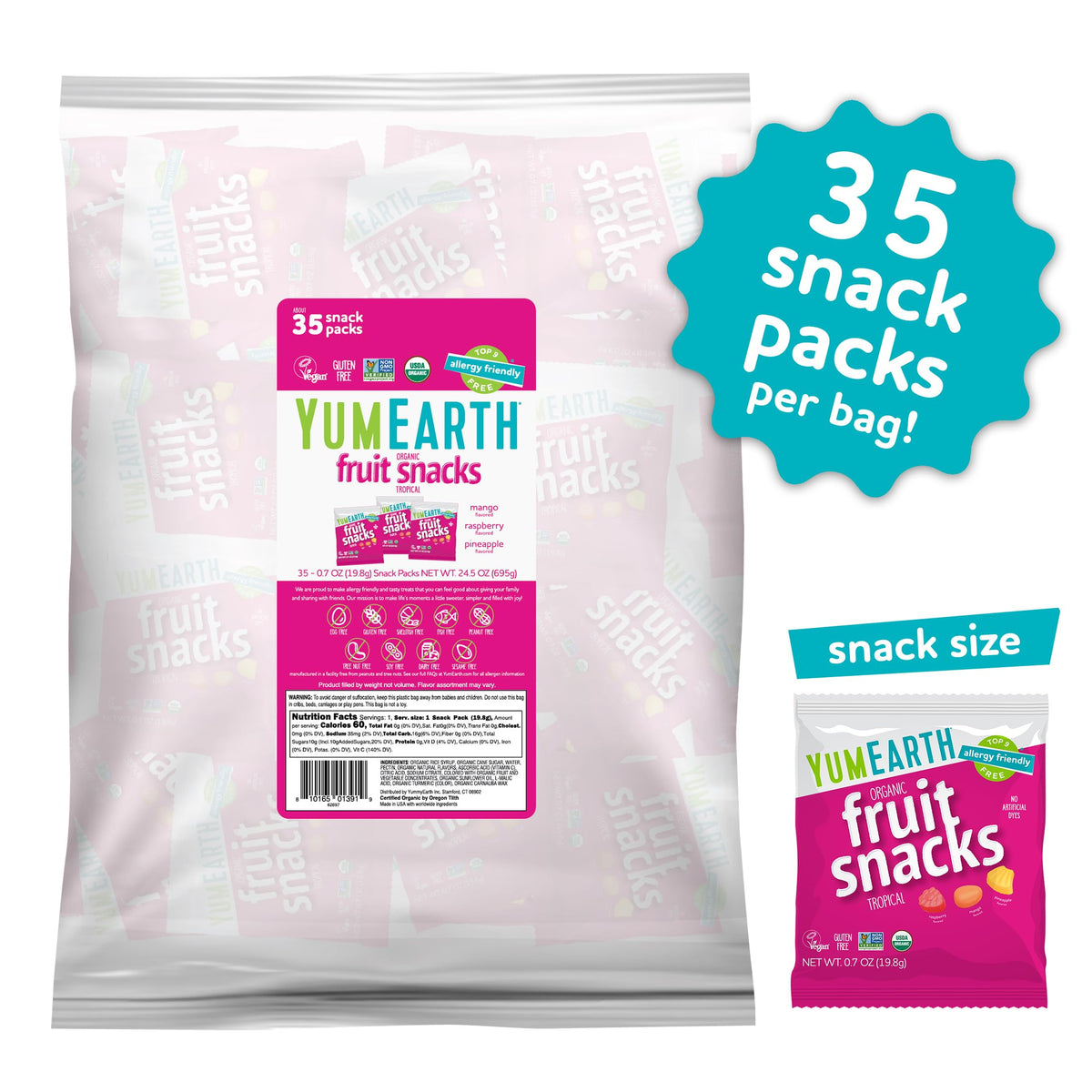 YumEarth Tropical Fruit Snacks individual wrappers highlighting easy portion control
