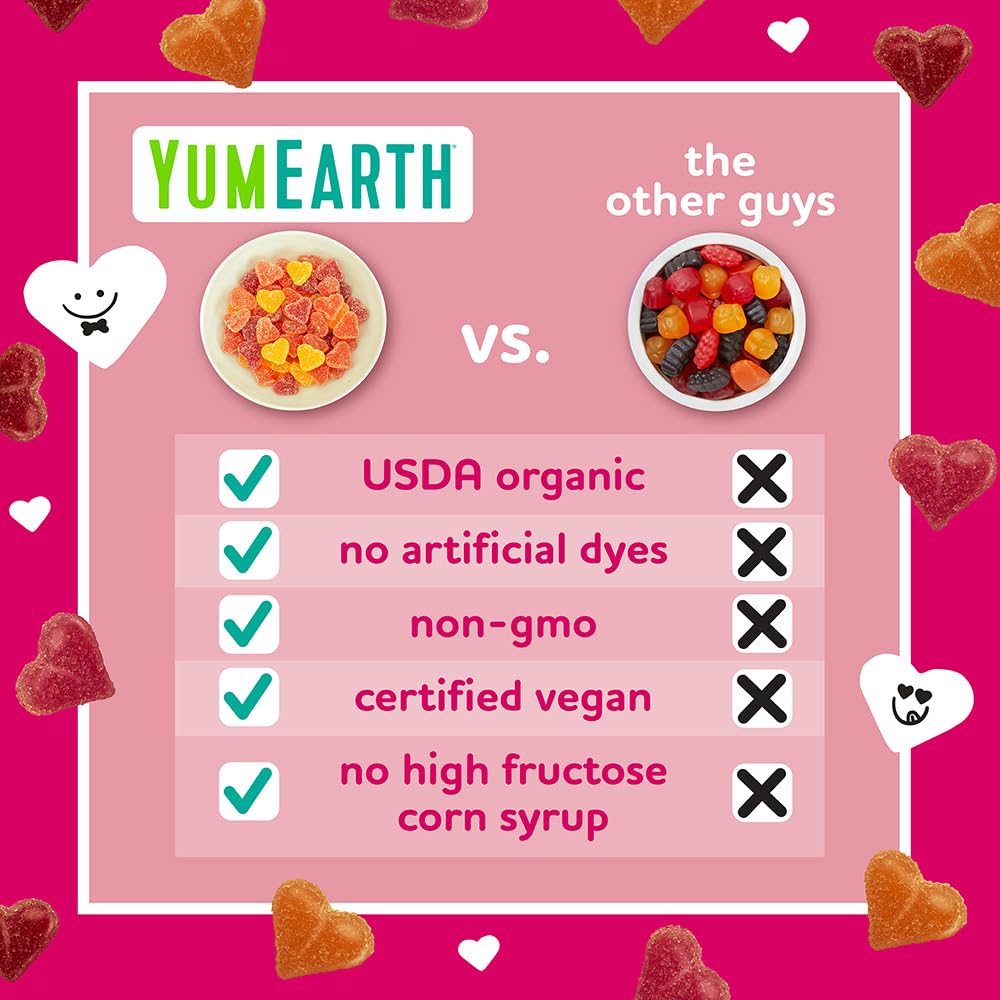 YumEarth cherry-flavor gummy hearts close-up, fruity and kid-friendly