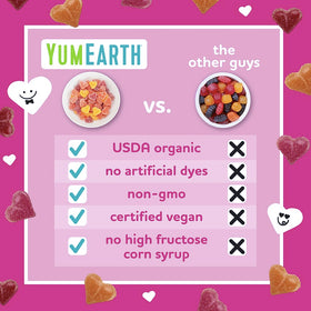 YumEarth cherry-flavor gummy hearts close-up, fruity and kid-friendly