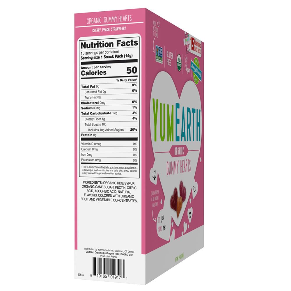 YumEarth Valentine gummy hearts in a lunchbox-ready bag