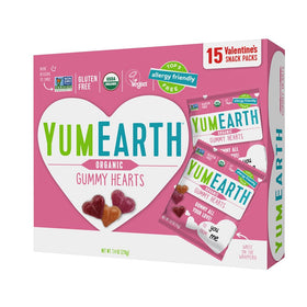 YumEarth Valentine gummy hearts pack shown for sharing and on-the-go snacking