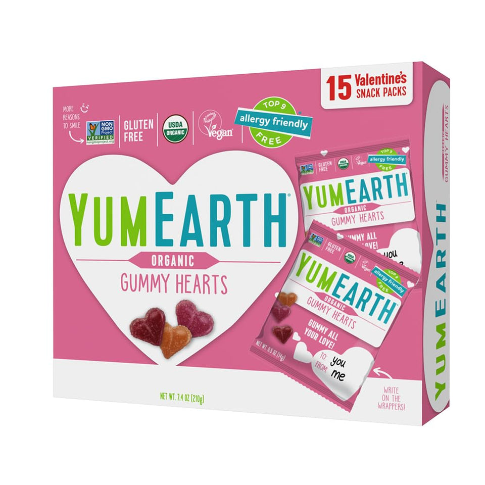 YumEarth Valentine gummy hearts pack shown for sharing and on-the-go snacking