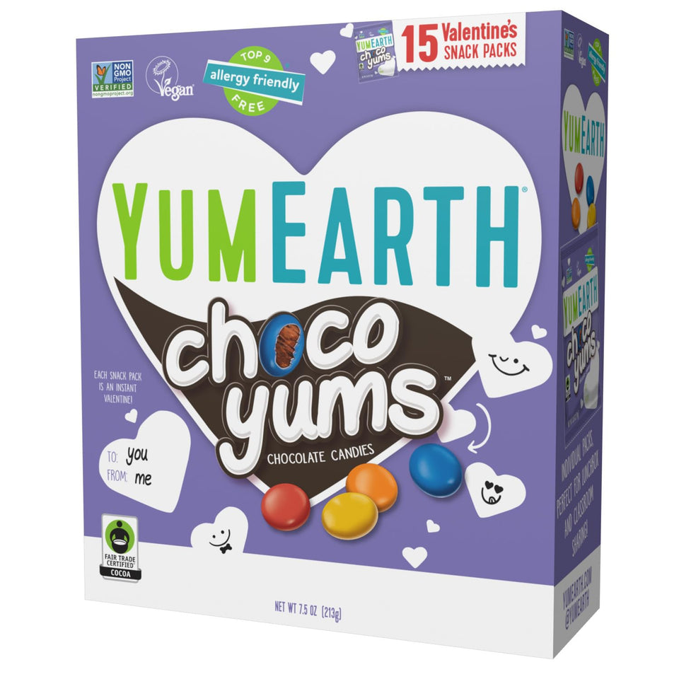 YumEarth Choco Yums Valentine box cover, gift-ready and allergy-friendly.