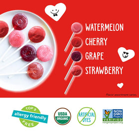 YumEarth Valentines lollipops showing flavor assortment for variety.
