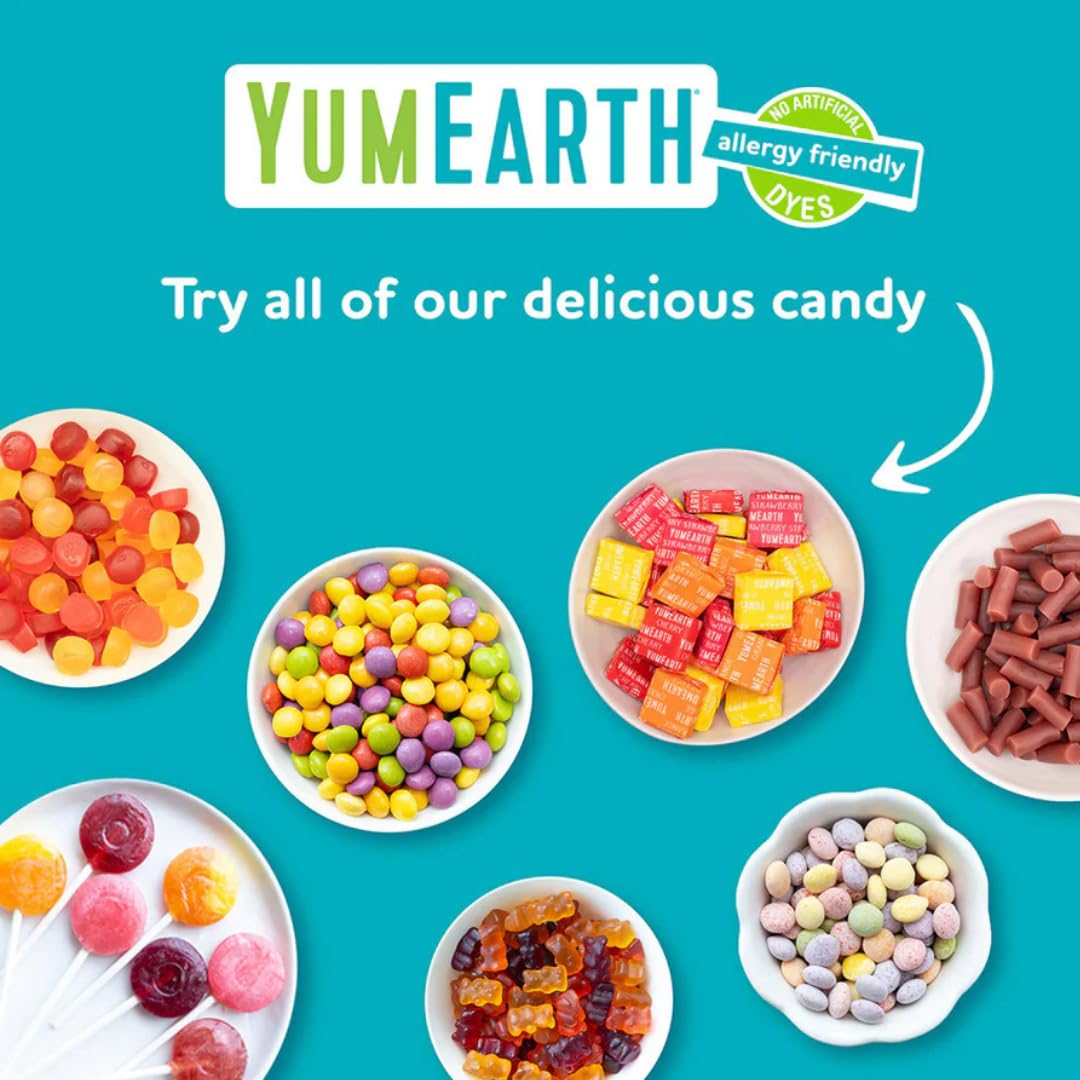 YumEarth vegan and gluten-free Non-GMO badge on the box for dietary transparency.