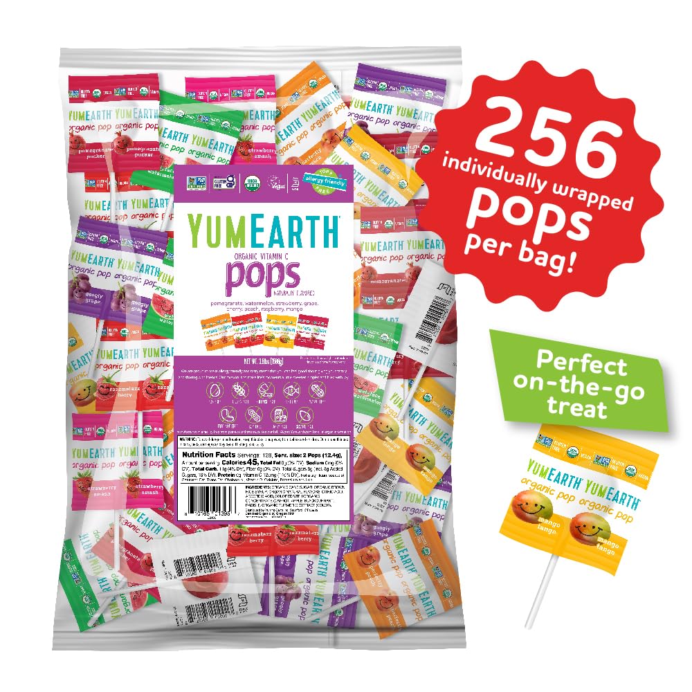 YumEarth Vitamin C Pops bag-packaging-250 displays a bulk option for families