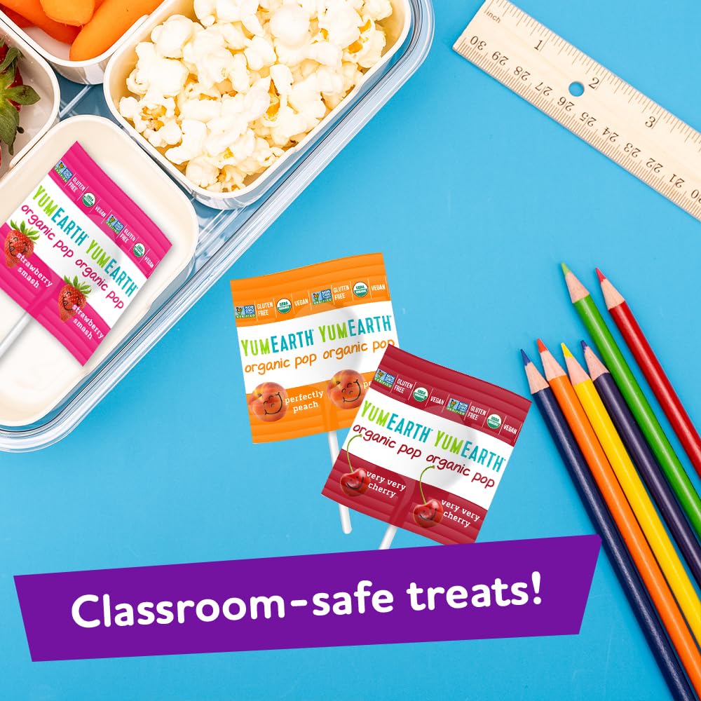 Individually wrapped YumEarth lollipops ideal for on-the-go snacking and sharing.