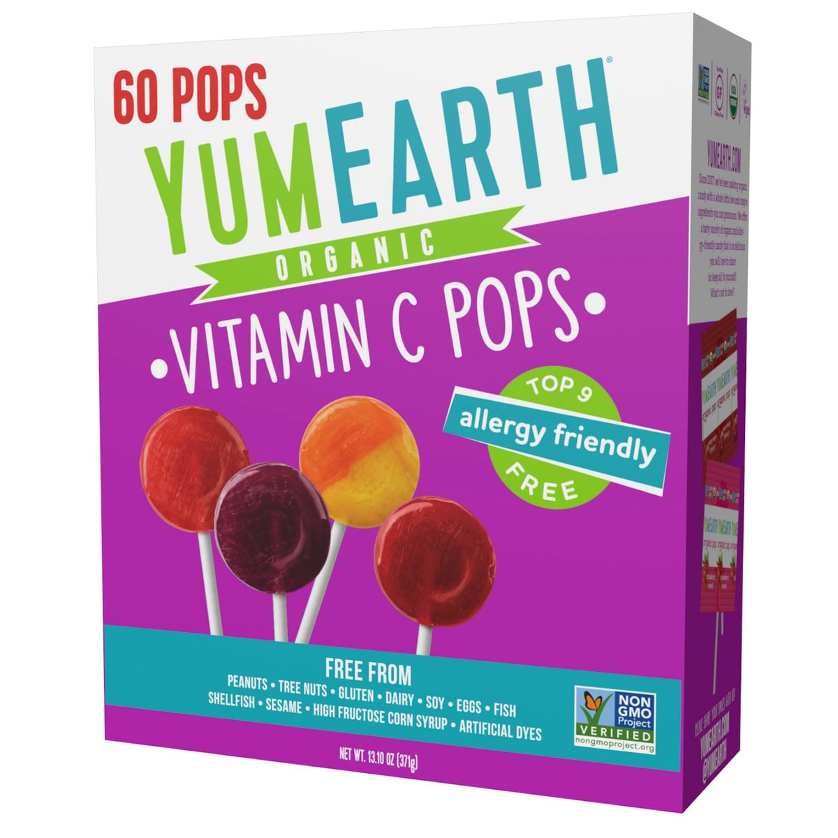 YumEarth Vitamin C Pops variety pack box showing colorful lollipops for family snacks.