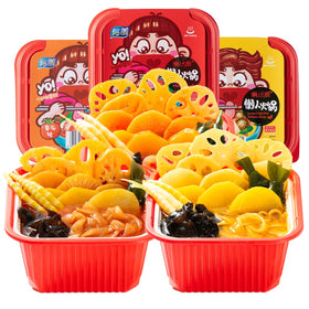 YUMEI instant hotpot front-pack with tomato flavor and vegetables for quick meals.