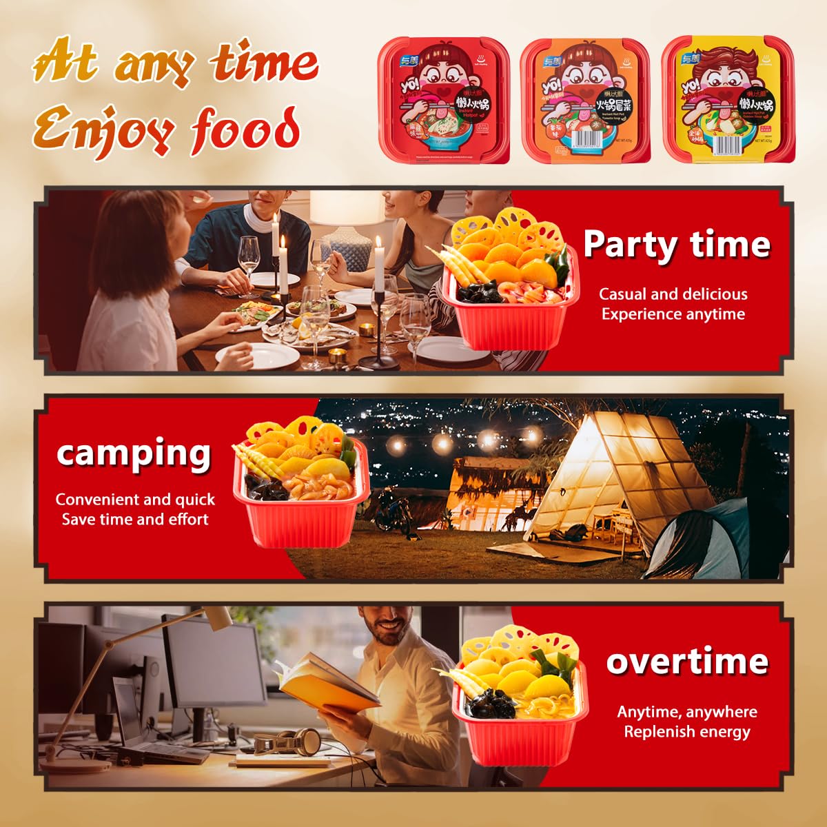 YUMEI ready-to-eat usage scenario: office desk or campsite.