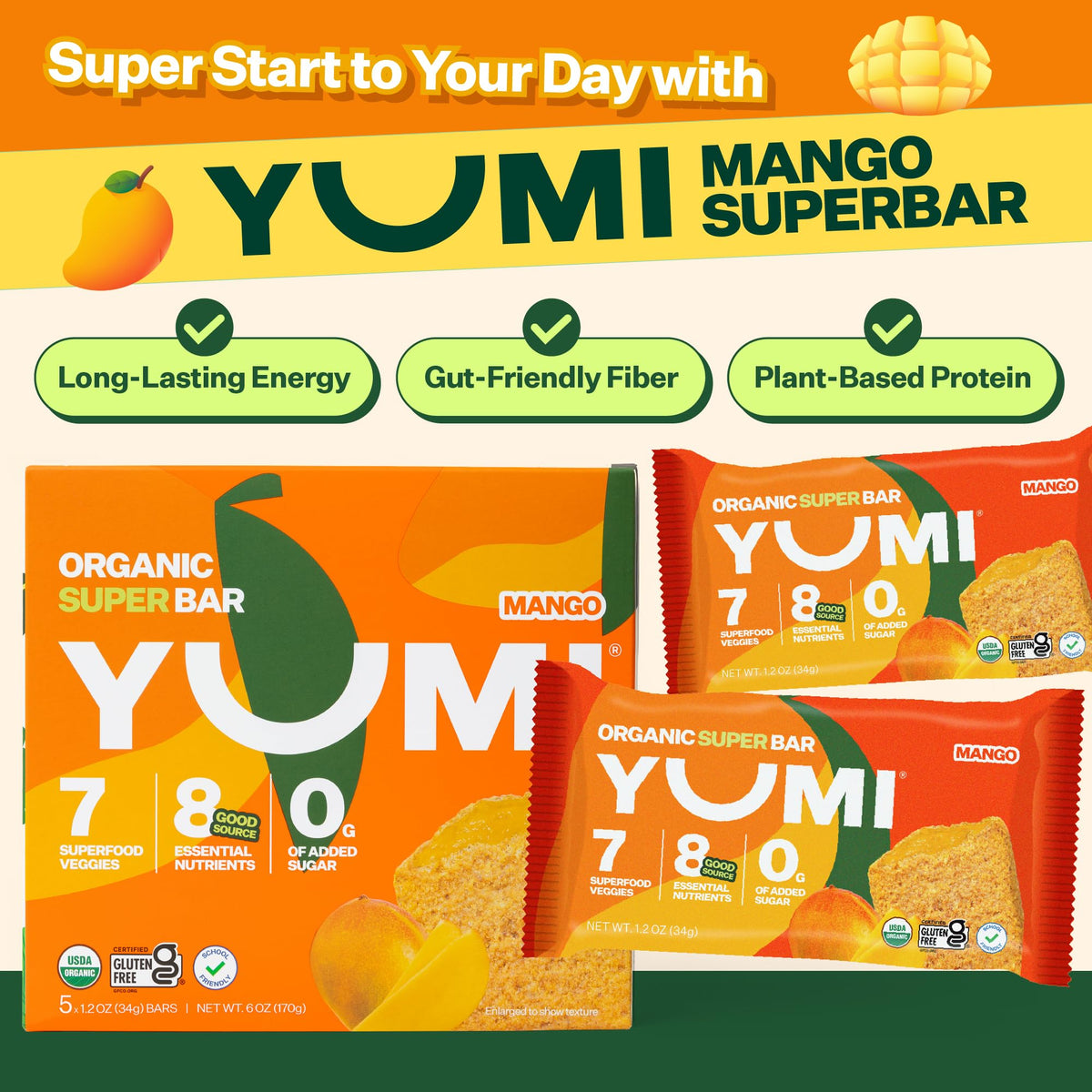 YUMI Mango bar highlighting 7 plus vegetables for balanced nutrition