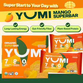 YUMI Mango bar highlighting 7 plus vegetables for balanced nutrition
