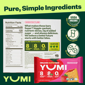 YUMI Organic Superbar nutrition graphic with 8+ vegetables and fiber.