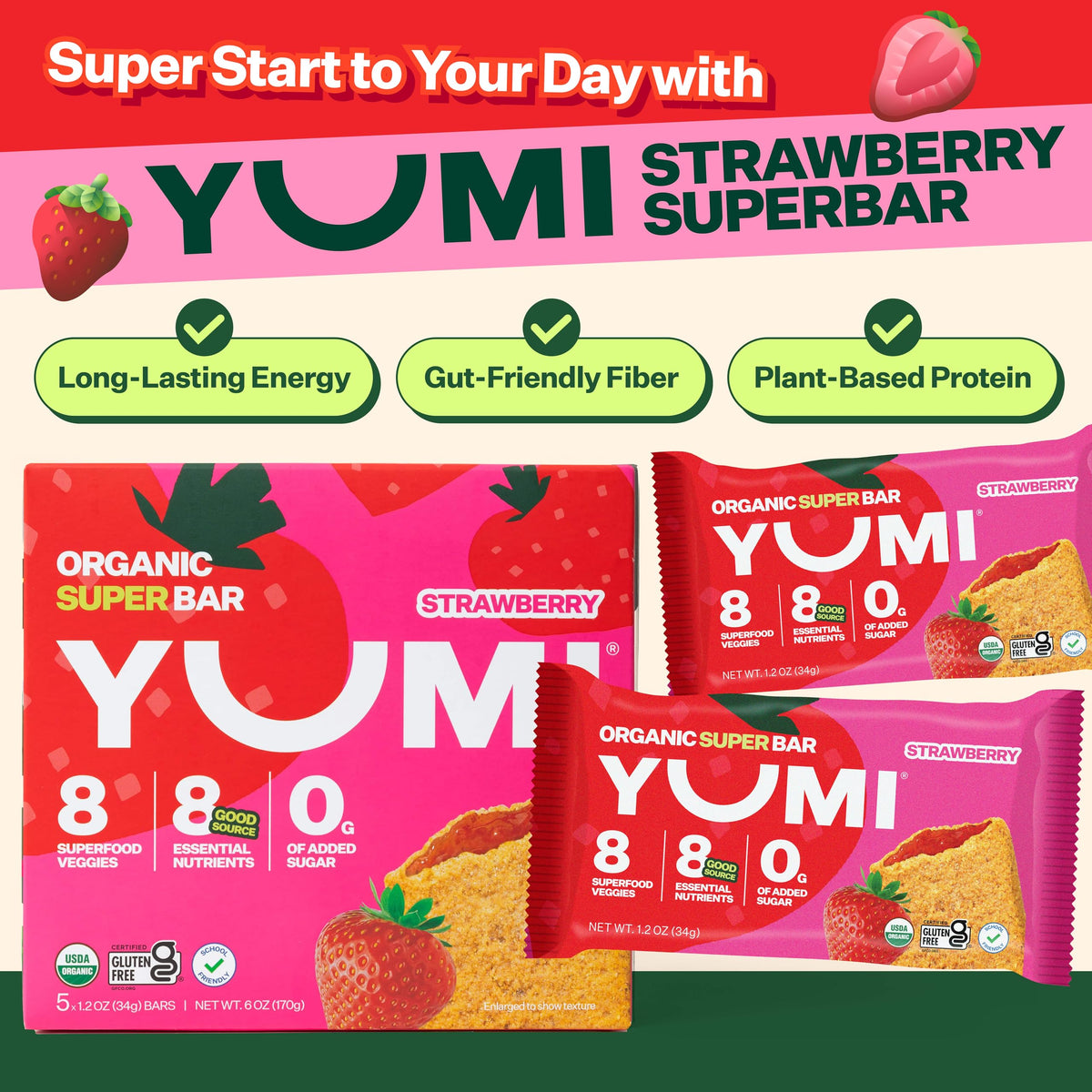 YUMI Strawberry Superbar on table showing soft-baked crust for quick mornings.