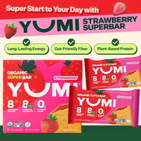 YUMI Strawberry Superbar on table showing soft-baked crust for quick mornings.