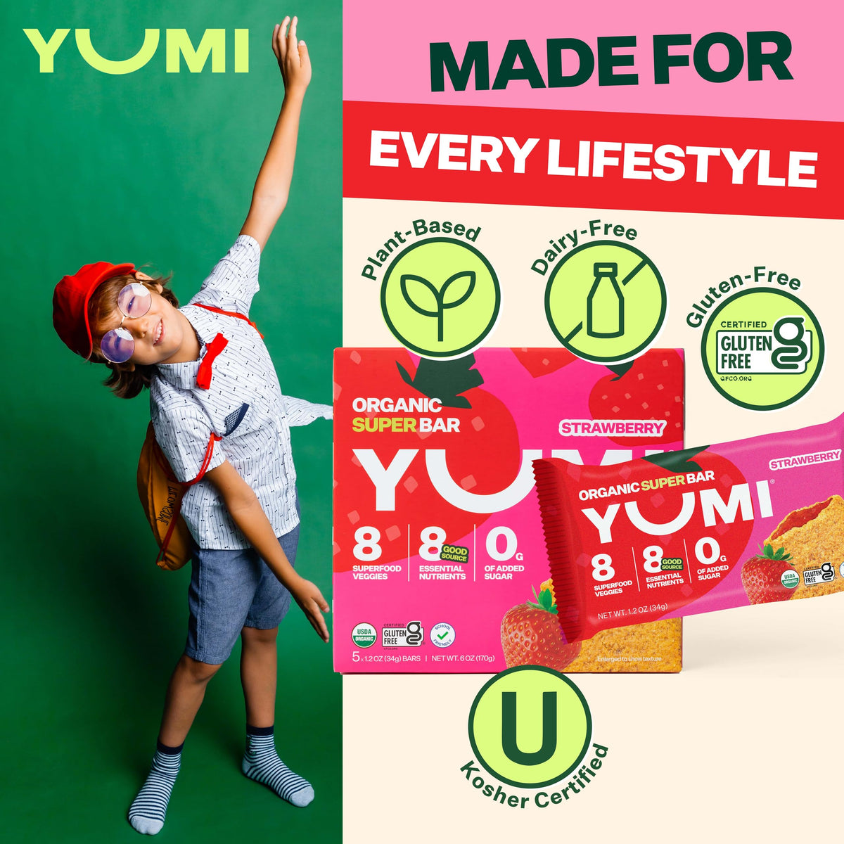 YUMI Strawberry ingredients graphic showcasing organic sourcing and no artificial additives.