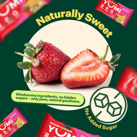 YUMI Strawberry bar in lunchbox as school-safe snack.