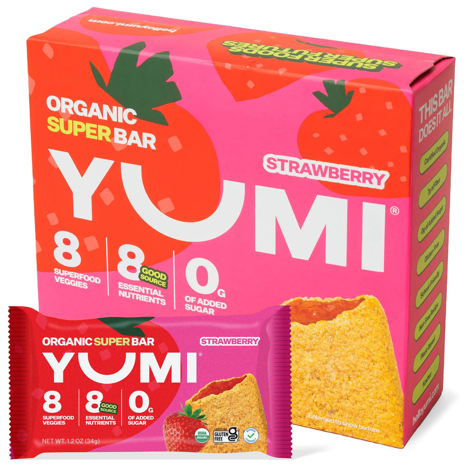 YUMI Organic Breakfast Superbar Strawberry pack shot highlighting gluten-free, kid-friendly breakfast.