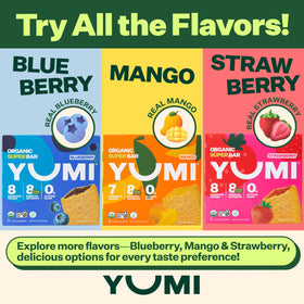 YUMI Strawberry bar on pantry shelf indicating 0g added sugar.