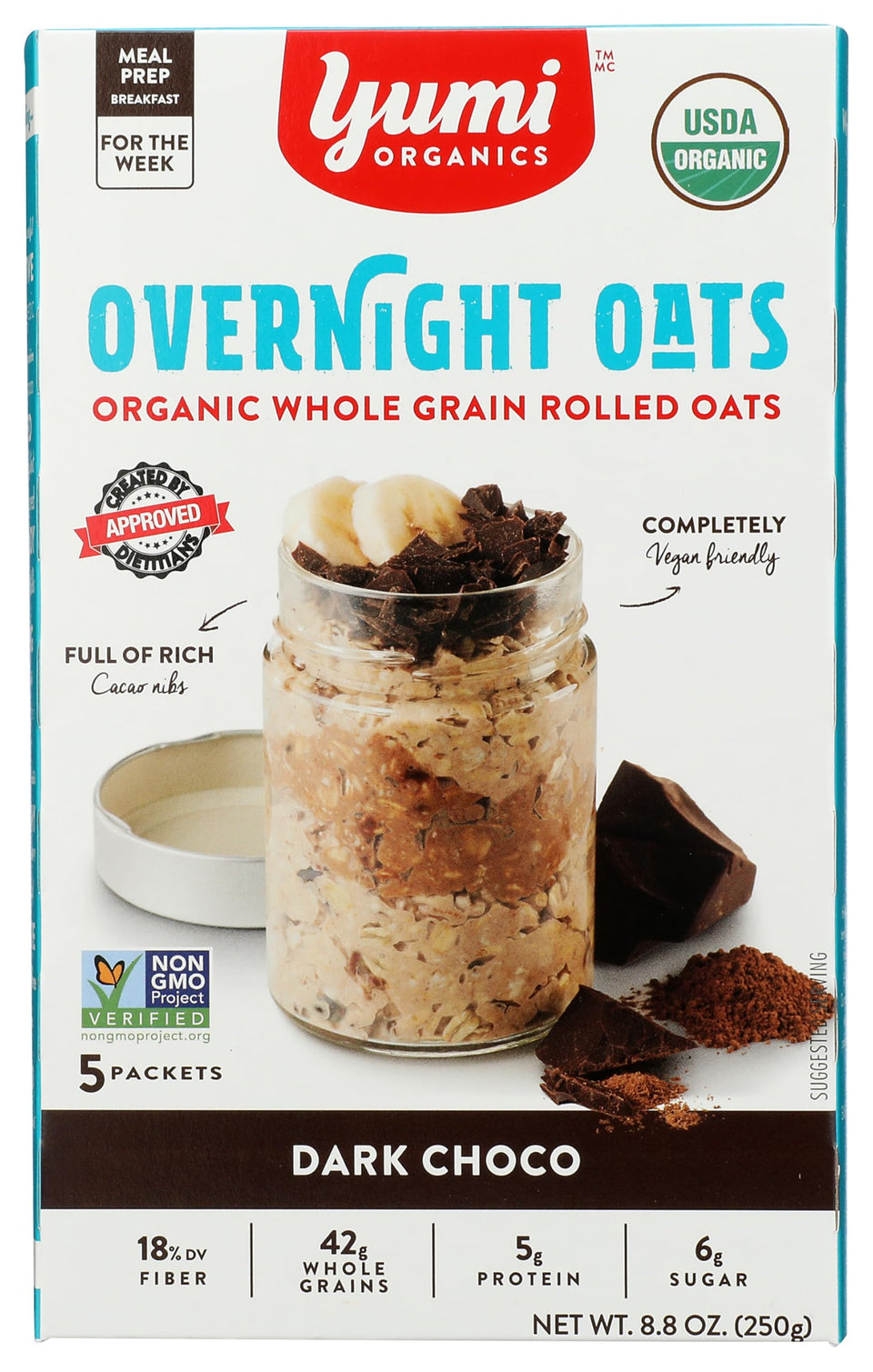 Yumi Organics Organic Dark Choco Overnight Oats in a jar with rich cocoa flavor, ready-to-eat breakfast