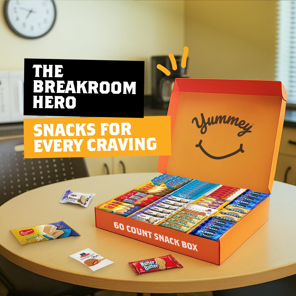 Yummey breakroom display elevating office snack spreads